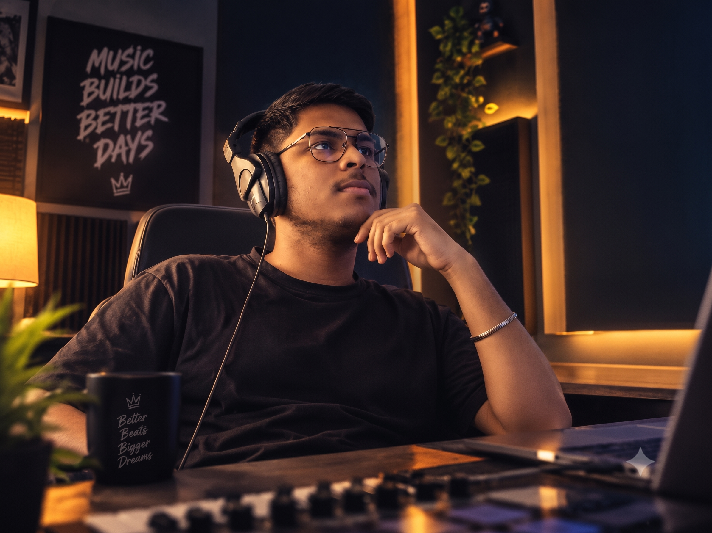 Dev AaGaya wearing headphones at his studio desk